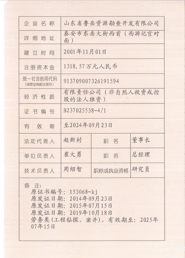 山東省魯岳資源勘查開發(fā)有限公司：擁有水文地質(zhì)勘察甲級(jí)、巖土工程（勘察）甲級(jí)、巖土工程（設(shè)計(jì)）乙級(jí)、勞務(wù)類（工程鉆探、鑿井）資質(zhì)證書，可以承擔(dān)工程勘察業(yè)務(wù)和工程鉆探、鑿井等工程勘察勞務(wù)業(yè)務(wù)。電話：138(圖3)